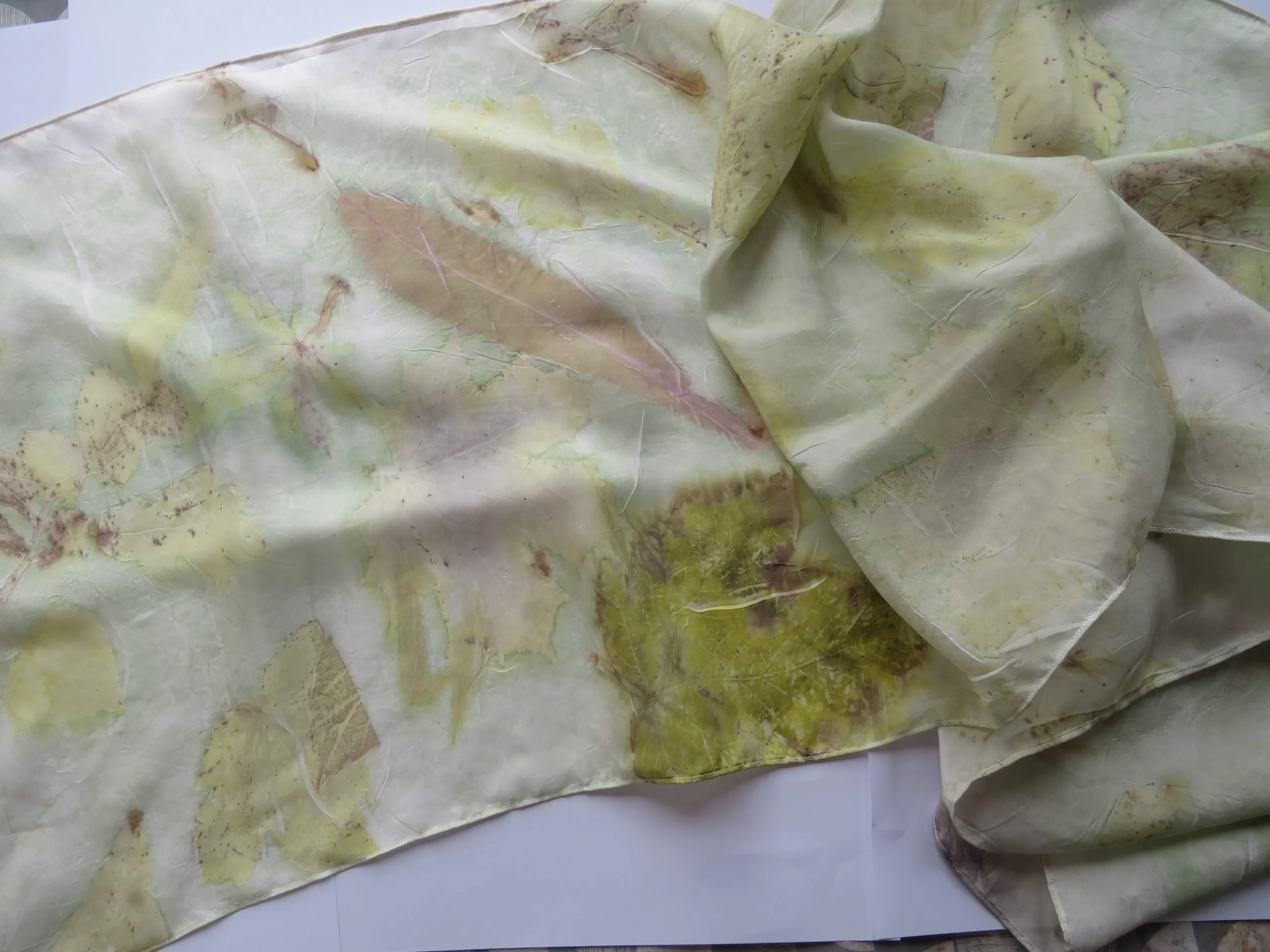 Multicoloured Eco Printed Scarf light green with Woad and Acer leaves - Image 2