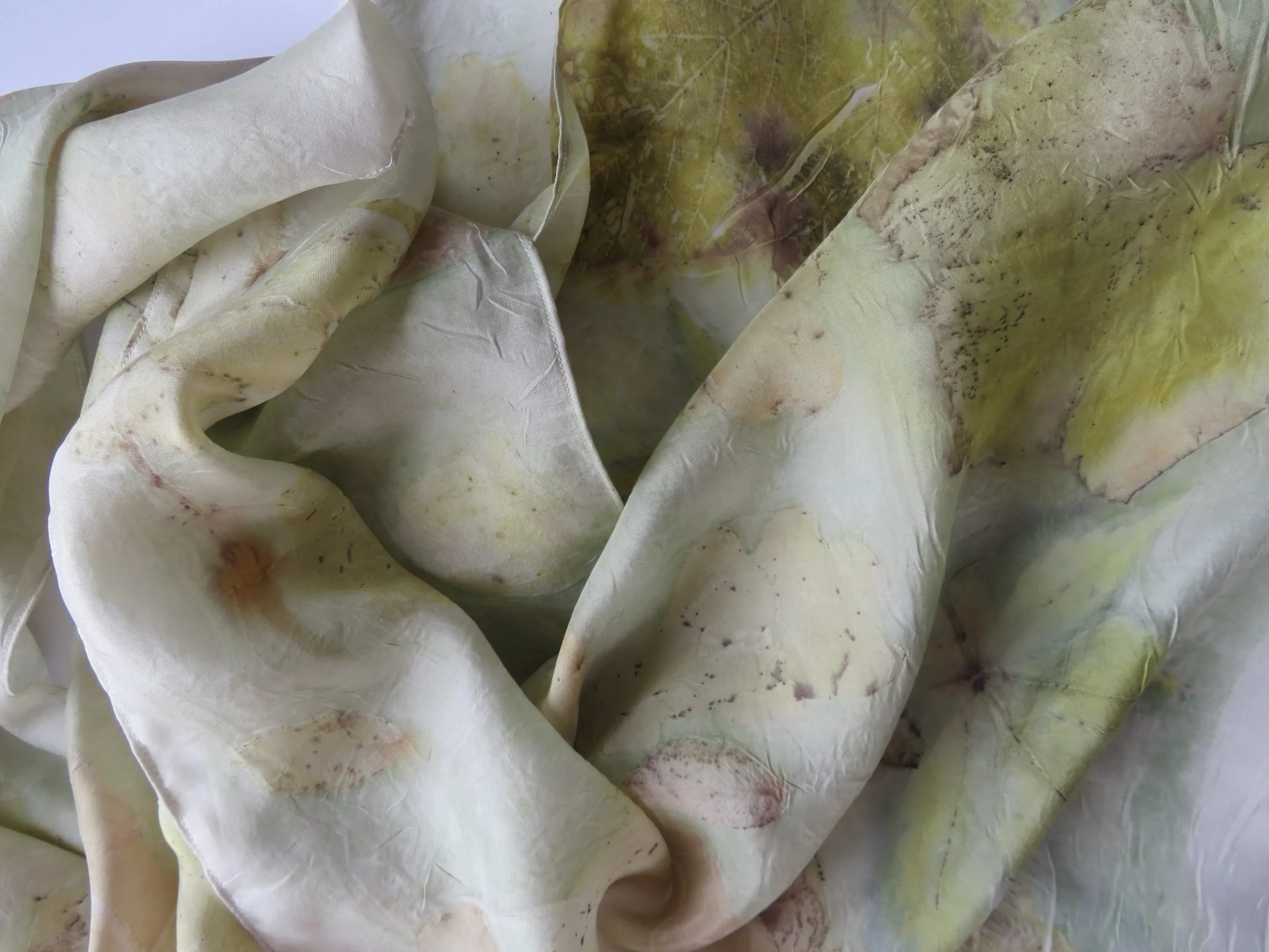 Multicoloured eco printed scarf with woad and acer leaves light green silk