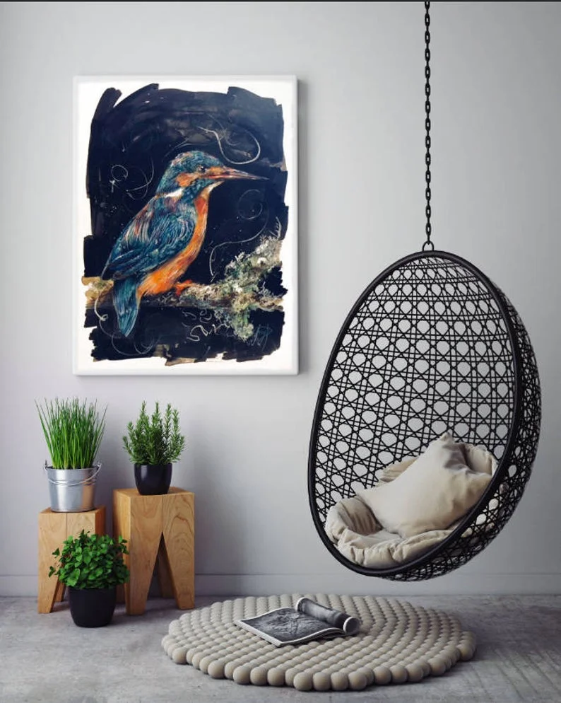 Kingfisher Painting hung on wall, Peace and Prosperity, Giclee Print, Watercolour, coloured pencil, artwork