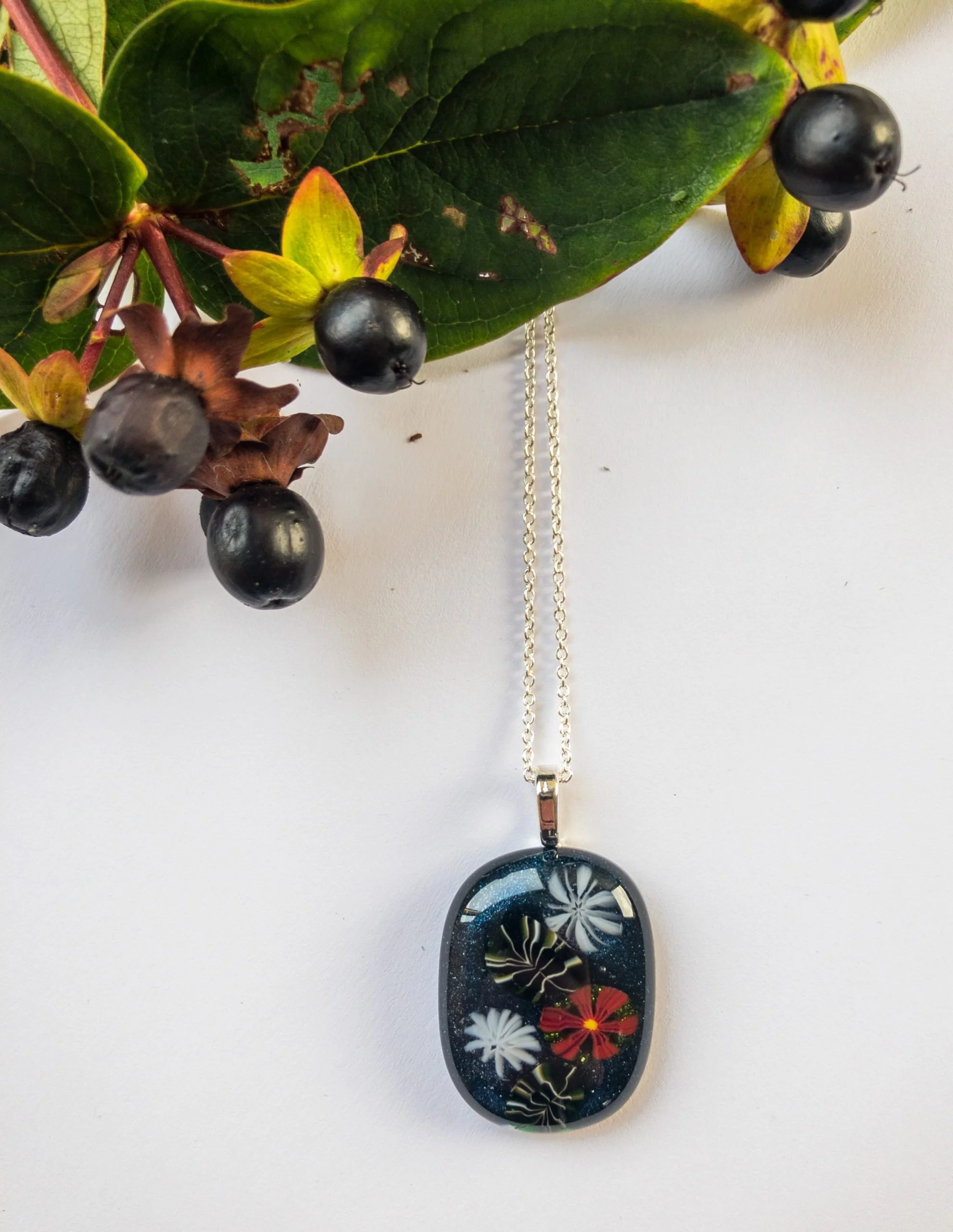 Fused Glass Pendant with Poinsettia and Snowflake Millefiori - Image 2