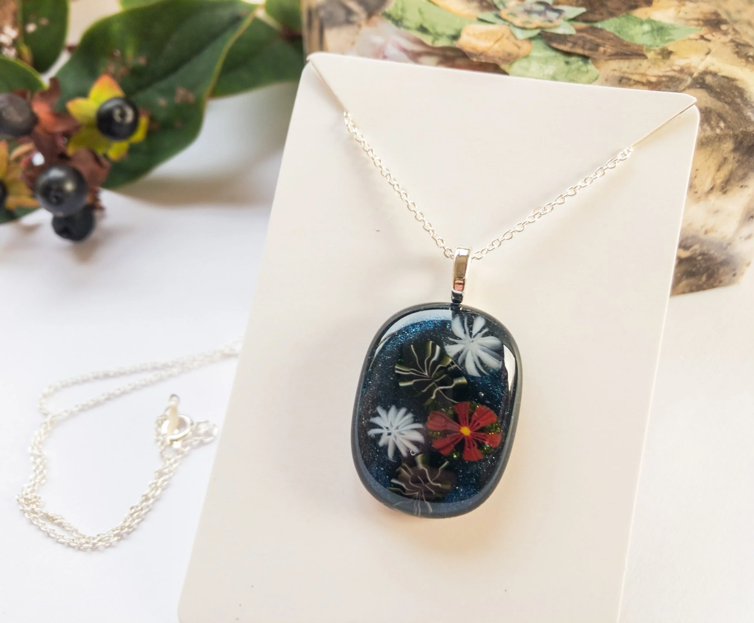 Fused Glass Pendant with Poinsettia and Snowflake Millefiori