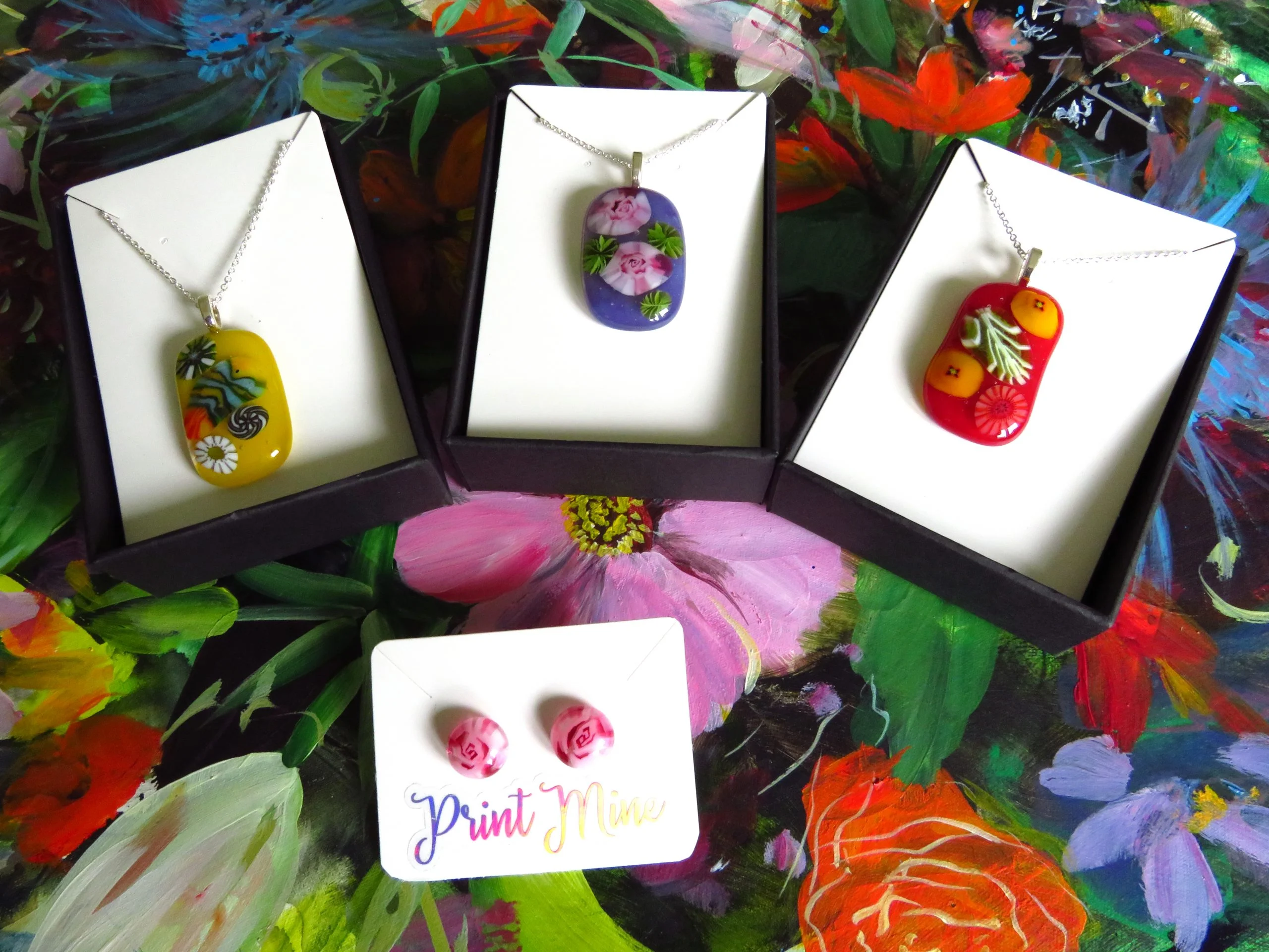 Handmade Fused Glass Pendant, Bright Pink Roses Floral Millefiori on Purple Opalescent Glass - Image 2