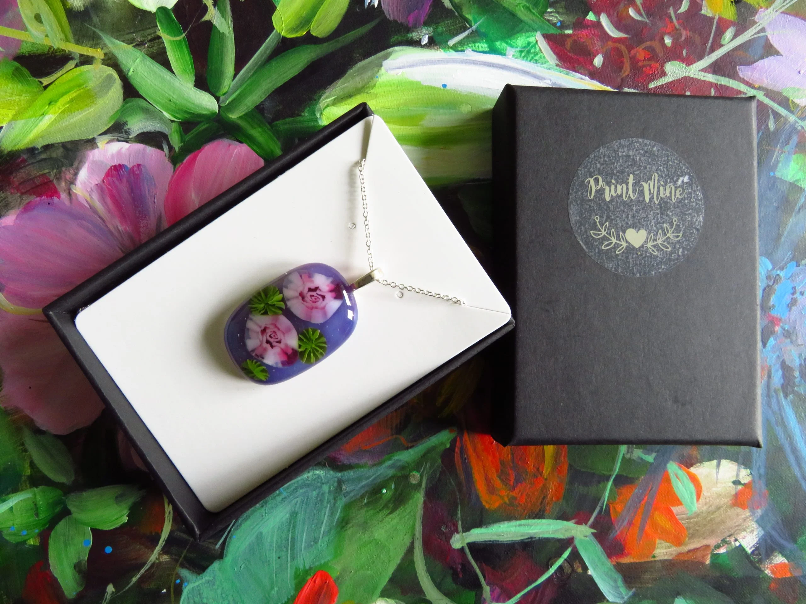 Fused glass pendant with pink roses design in black display box