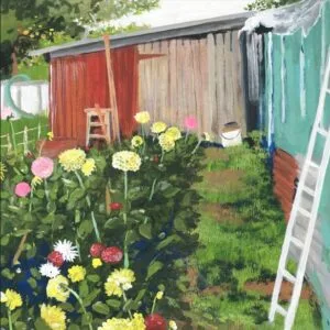 Prize Dahlias, Worn Sheds 12 x 12 inches Acrylic gouache Giclee Print A bright summer’s day at the allotments — sunlight spilling over weathered sheds, prize-winning dahlias in full bloom, and the quiet rhythm of tending, mending, and growing.