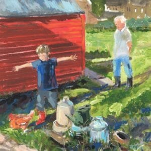 Allotment Days 12 x 12 inches Acrylic gouache on artist board A summer moment at the allotments — a child, arms wide, chasing a hen as his grandfather watches nearby. Sunlight and laughter weave through the plots, capturing the simple joy of discovery and the quiet continuity between generations.