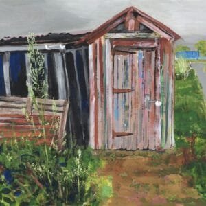 Locked in Time Acrylic gouache on artist board 12 x 12 inches A quiet allotment scene in Binchester — a worn shed, paint flaking to reveal layers of history and care. The grey sky holds a stillness, a sense of waiting, as if time itself has paused behind the locked door.
